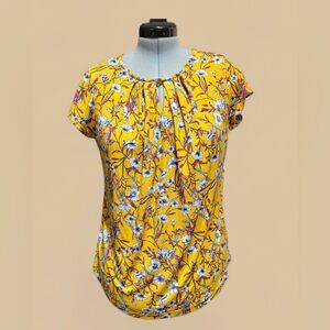 Liz Claiborne Career Yellow Floral Women's Blouse w/ Front Keyhole- Women’s L